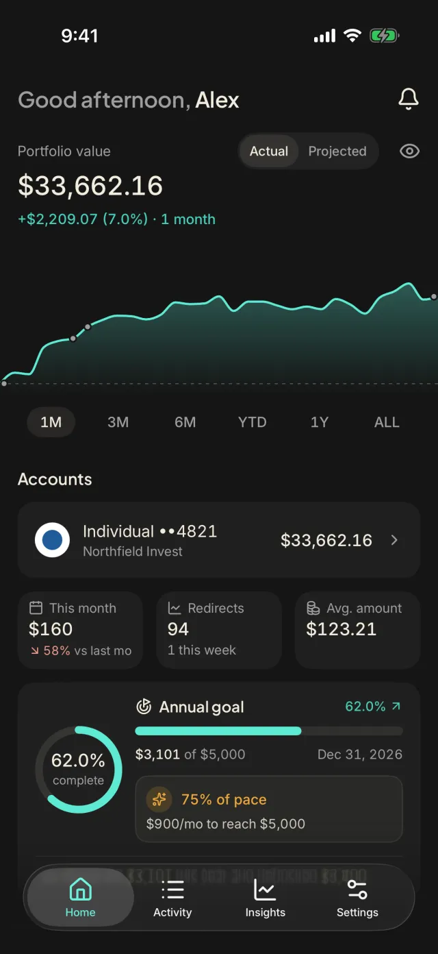 tarpp's Home screen in dark mode with example data: the portfolio, a linked account, this month's redirects and the annual goal.