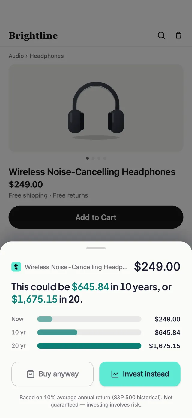 tarpp's sheet in Safari over a made-up store's product page: wireless headphones at $249.00 could be $645.84 in 10 years or $1,675.15 in 20, with Buy anyway and Invest instead buttons.